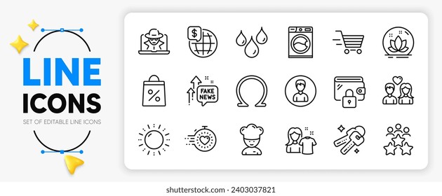 Waterproof, Timer and Omega line icons set for app include Person, Cooking chef, Delivery shopping outline thin icon. Keys, Clean shirt, Washing machine pictogram icon. Sun energy. Vector