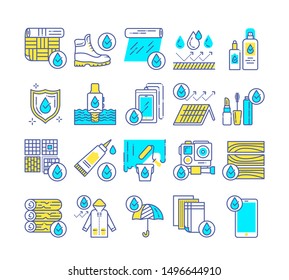 Waterproof tools color line icons set. Water repellent coating constructions materials, devices, clothes, cosmetics, concept. Pictograms for web page, mobile app, promo. UI/UX/GUI design element. 
