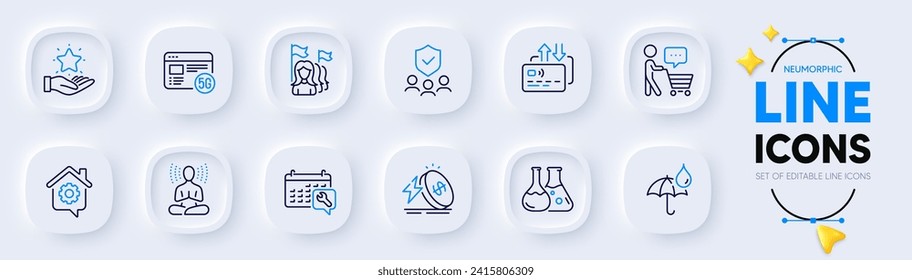 Waterproof umbrella, Card and Spanner line icons for web app. Pack of Chemistry lab, 5g internet, Work home pictogram icons. Buyer think, Loyalty program, Yoga signs. Security agency. Vector