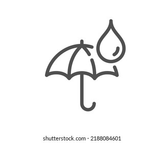 Icono de línea de paraguas impermeable. Signo resistente al agua. Símbolo de protección contra la lluvia. Elemento de diseño de calidad. Icono de paraguas impermeable de estilo lineal. Trazo editable. Vector