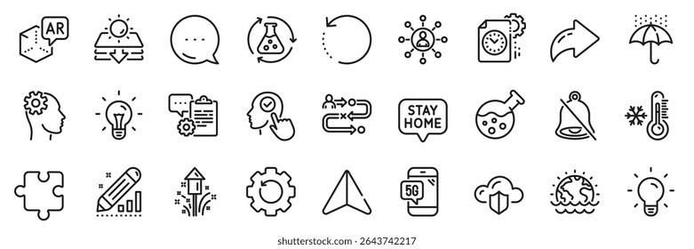 Waterproof umbrella, Networking and Augmented reality line icons pack. Share, Message, Paper plane icons. Fireworks, Idea, Project deadline web icon. Vector