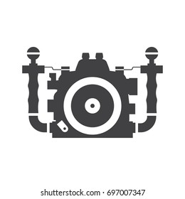 Waterproof underwater camera vector icon. DSLR in water box silhouette isolated on white background.