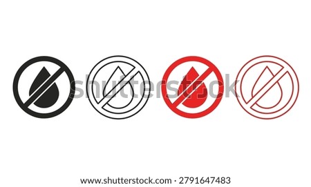 Waterproof warning themed element pack, minimalist line style, prohibition circles, liquid droplets, moisture, rain, and caution