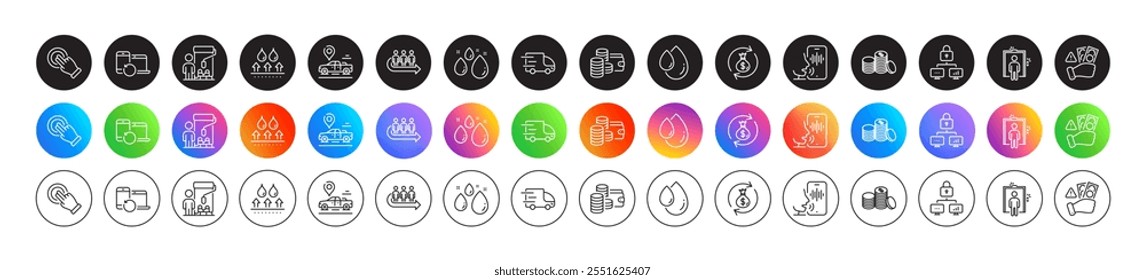 Waterproof, Water drop and Car place line icons. Round icon gradient buttons. Pack of Voicemail, Fraud, Lock icon. Touchscreen gesture, Wallet, Money exchange pictogram. Vector