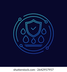 waterproof, water resistant icon with shield, linear vector design