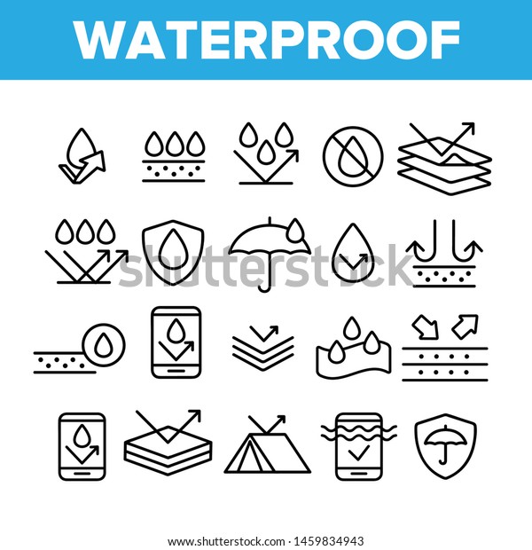 Waterproof, Water Resistant Materials Vector\
Linear Icons Set. Waterproof, Surface Protection Outline Cliparts.\
Hydrophobic Fabric Pictograms Collection. Anti Wetting Material\
Thin Line\
Illustration