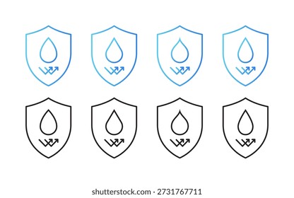 Conjunto de iconos de escudo impermeable y resistente al agua. Protección contra símbolos de Vector lineal azul y negro líquido
