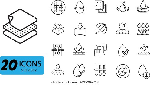 Waterproof and Water-Resistant Icon Set: 20 Outline Vector Illustrations Representing Liquid Protection