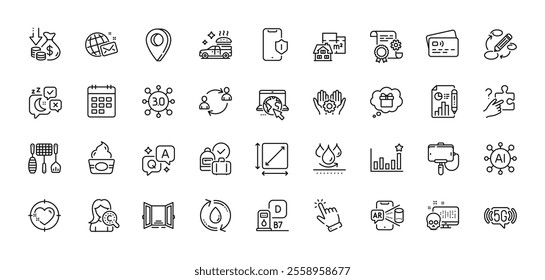 Waterproof, Web3 and Diesel station line icons pack. AI, Question and Answer, Map pin icons. Cursor, User communication, Grill tools web icon. Heart target, Card, Search puzzle pictogram. Vector