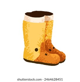 Waterproof wellies. Wellington boots, rain gumboots. Garden footwear. Yellow shoes for rainy weather, protecting in rain. Modern trendy rainboots. Flat vector illustration isolated on white background