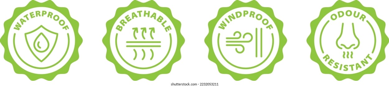 Waterproof, windproof, breathable, odour resistant green stamp. Symbol, outline icon, tag, badge, label, circle, green white vector round isolated on transparent background. stamps, icon set, icons