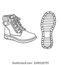 Waterproof women's winter shoes, non-slip warm snow boots with buckles on the side, vector icon for outdoor hiking. Editable vector design of winter shoes side and bottom view. 