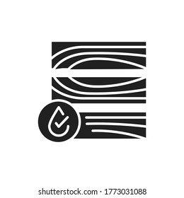 Waterproof wood flooring black glyph icon. Water repellent material concept. Impermeable DWR tile, laminate sign. Pictogram for web page, mobile app, promo. UI UX GUI design element.