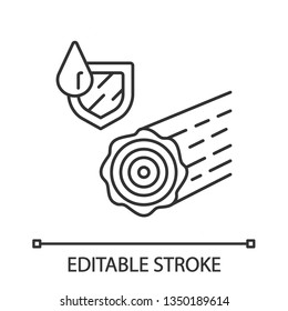 Wasserdichte, holzförmige Ikone. Wasserresistenter Stamm. Wettersicheres Baumaterial. Wasserdichtes Holz. Dünne Illustration. Contour-Symbol. Vektor-einzelne Rahmenzeichnung. Bearbeitbarer Hub