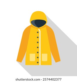 Waterproof yellow raincoat with a hood protecting from the rain in a flat design style with a long shadow