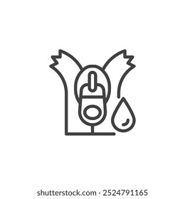 Ícone de linha de zíper impermeável. sinal de estilo linear para conceito móvel e web design. Zíper com ícone de vetor de contorno de gota de água. Símbolo, ilustração de logotipo. Gráficos vetoriais