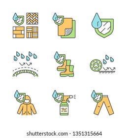 Waterproofing color icons set. Water resistant materials, fabric. Hydrophobic technology. Waterproof flooring, spray, coat, trousers. Liquid protective surface, clothing. Isolated vector illustrations