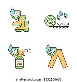 Waterproofing color icons set. Water resistant materials and clothing. Waterproof shoes, flooring, spray, trousers. Liquid and rain protection. Hydrophobic technology. Isolated vector illustrations