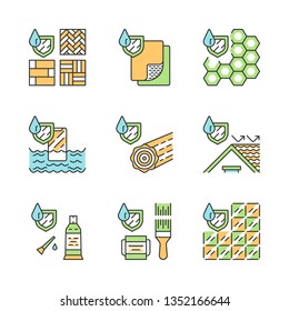 Waterproofing color icons set. Water resistant materials, surfaces. Hydrophobic technology. Waterproof flooring, paint, tile, sealant, roof, phone. Liquid protection. Isolated vector illustrations