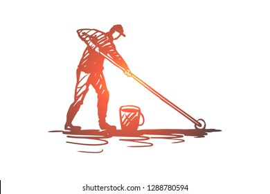 Waterproofing, drop, protection, wet, surface concept. Hand drawn repairman making a waterproof surface concept sketch. Isolated vector illustration.