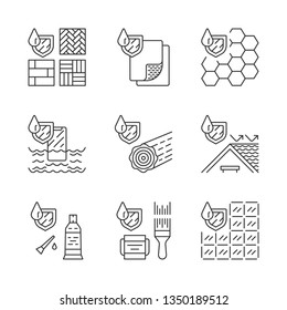 Waterproofing linear icons set. Water resistant materials, surfaces. Waterproof flooring, paint, tile, sealant, roof. Thin line contour symbols. Isolated vector outline illustrations. Editable stroke