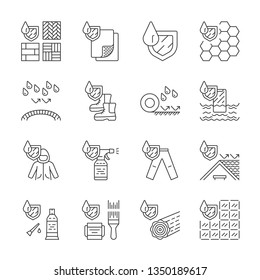 Waterproofing linear icons set. Water resistant materials, fabric. Waterproof flooring, membrane, sealant, paint. Thin line contour symbols. Isolated vector outline illustrations. Editable stroke