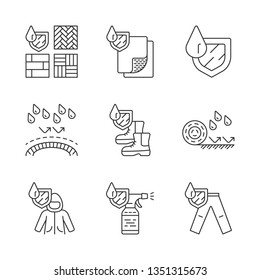 Waterproofing linear icons set. Water resistant materials, fabric. Waterproof flooring, spray, coat, trousers, shoes.Thin line contour symbols. Isolated vector outline illustrations. Editable stroke