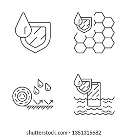 Waterproofing linear icons set. Water resistant surfaces. Waterproof membrane, flooring, phone. Liquid protection. Thin line contour symbols. Isolated vector outline illustrations. Editable stroke