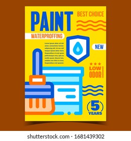 Waterproofing Paint Advertising Poster Vector. Tassel For Paint, Container And Water Drop On Shield. Moisture Protection Material For Painting Concept Template Stylish Color Illustration