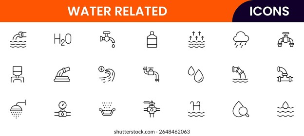 Coleção de ícones de linha da web vetorial relacionada à água, ilustrações elegantes de ondas, gotas e sistemas aquáticos sustentáveis para projetos ecológicos.
