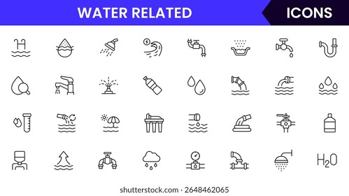 Coleção de ícones de linha da web vetorial relacionada à água, ilustrações elegantes de ondas, gotas e sistemas aquáticos sustentáveis para projetos ecológicos.