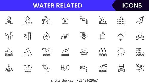 Water-Related vector web line icon collection, sleek illustrations of waves, drops, and sustainable aquatic systems for eco-designs.