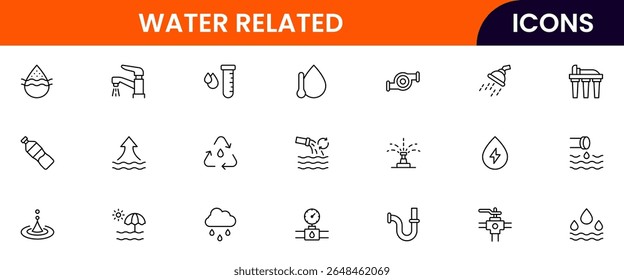 Coleção de ícones de linha da web vetorial relacionada à água, ilustrações elegantes de ondas, gotas e sistemas aquáticos sustentáveis para projetos ecológicos.