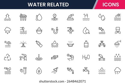Coleção de ícones de linha da web vetorial relacionada à água, ilustrações elegantes de ondas, gotas e sistemas aquáticos sustentáveis para projetos ecológicos.
