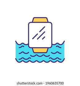 Water-resistant smartwatch RGB color icon. Submerging in water. Pool swimming sessions. Working in rain, shower. Test conditions. Accidental touches prevention. Isolated vector illustration