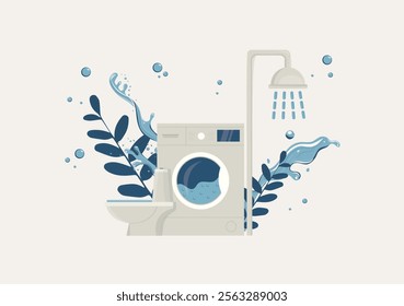 Water-Saving Bathroom Essentials. illustration showcasing water-efficient fixtures like a washing machine, showerhead, and toilet, promoting eco-conscious living. Water conservation illustration.