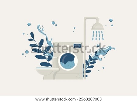 Water-Saving Bathroom Essentials. illustration showcasing water-efficient fixtures like a washing machine, showerhead, and toilet, promoting eco-conscious living. Water conservation illustration.
