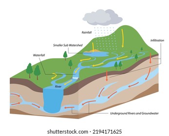 Watershed as water basin system with mountain river streams