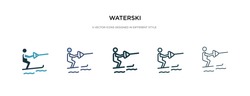 Waterski Icon In Different Style Vector Illustration. Two Colored And Black Waterski Vector Icons Designed In Filled, Outline, Line And Stroke Style Can Be Used For Web, Mobile, Ui