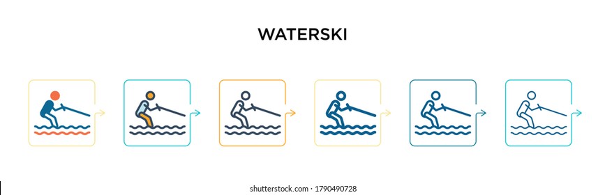 Waterski Vector Icon In 6 Different Modern Styles. Black, Two Colored Waterski Icons Designed In Filled, Outline, Line And Stroke Style. Vector Illustration Can Be Used For Web, Mobile, Ui