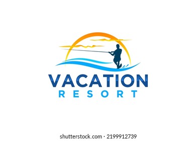 Waterskiing boat logo design beach vacation water sport action icon symbol illustration