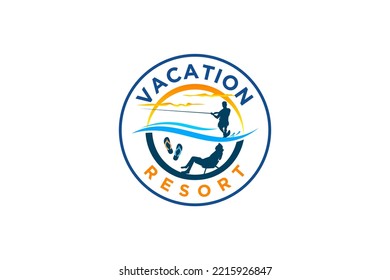 Waterskiing boat logo design beach vacation water sport action icon symbol illustration shore resort 