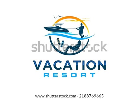 Waterskiing boat logo design beach vacation water sport action icon symbol illustration