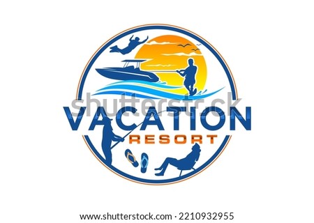 Waterskiing boat logo design beach vacation water sport action icon symbol illustration