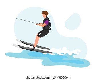 Waterskiing flat vector illustration. Extreme sports experience. Active lifestyle. Summer outdoor fun activities. Ocean turquoise waves. Sportsman isolated cartoon character on blue background