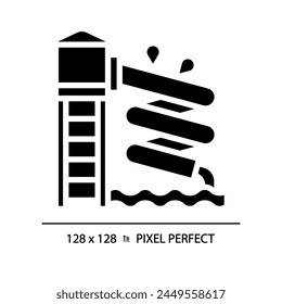 Waterslide pixel perfect black glyph icon. Aqua park attraction. Family vacation. Leisure activity. Water playground. Silhouette symbol on white space. Solid pictogram. Vector isolated illustration