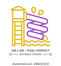 Waterslide pixel perfect two color line icon. Aqua park attraction. Family vacation. Leisure activity bicolor outline symbol. Duotone linear pictogram. Isolated illustration. Editable stroke