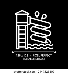 Waterslide pixel perfect white linear icon for dark theme. Aqua park attraction. Leisure activity. Water playground. Thin line illustration. Isolated symbol for night mode. Editable stroke