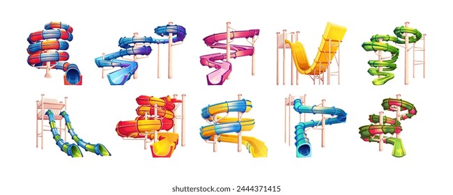 Waterslide and tubes color vector icon big set. Slides of different shape at aquapark illustration pack isolated on white background