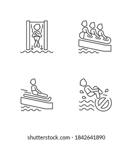 Wasserrutsche stellt lineare Symbole bereit. Schnelle Rutsche, Familienrafting, Schwimmmatte und kein Bombenspringen, anpassbare Dünnlinienkontursymbole. Einzige Vektorgrafik-Rahmenillustrationen. Bearbeitbarer Hub
